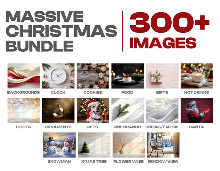 Massive 300+ Christmas Holiday Image Bundle – Backgrounds, Santa, Gifts, Cookies, Trees, Ornaments and More.