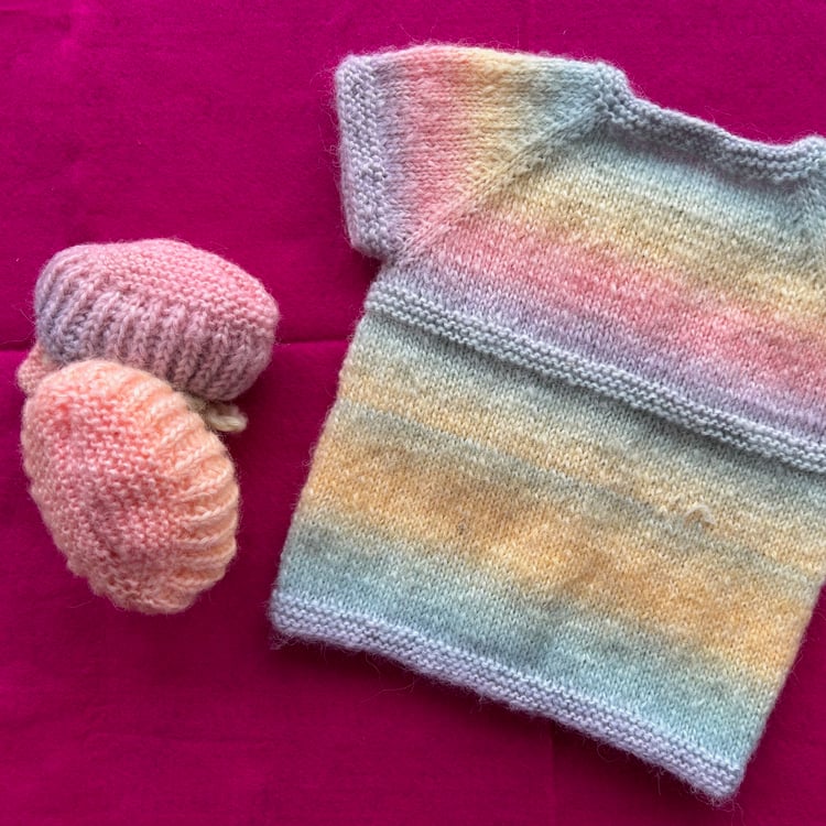 Adorable Handmade Rainbow Knit Blouse & Booties set for 9-12 month baby