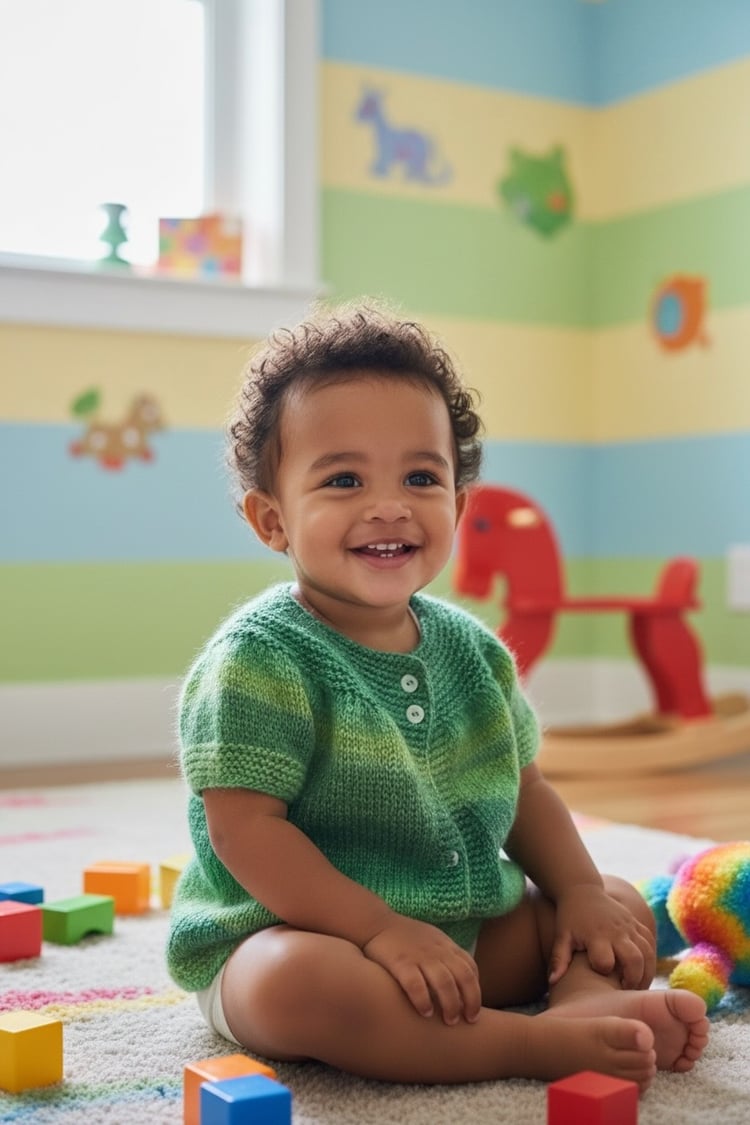 Handmade children's clothing | Handmade short-sleeved green blouse in wool and mohair | Sustainable fashion for babies 3 to 6 months