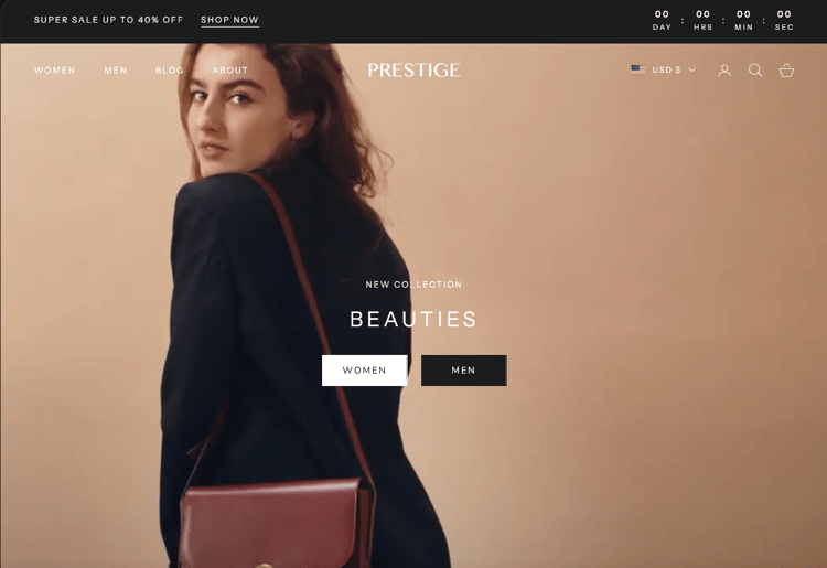 Prestige Premium Shopify Theme promotional banner with elegant luxury storefront and mobile responsive design