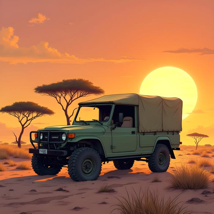 A vector illustration of safari style ATV standing in desert at sunset time - Ai Generated