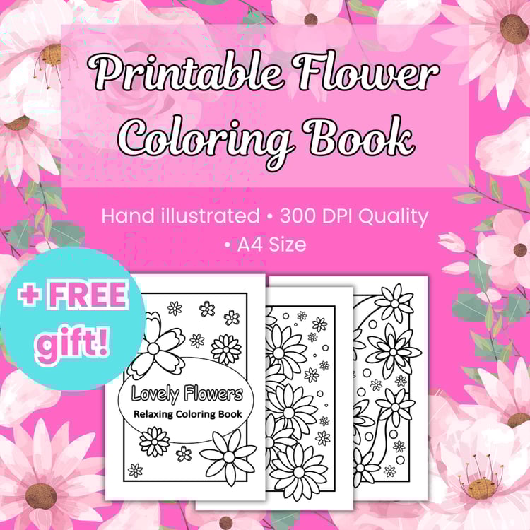 Printable flower coloring book cover featuring hand illustrated floral designs and two preview pages with a free gift offer for high quality relaxing art sessions