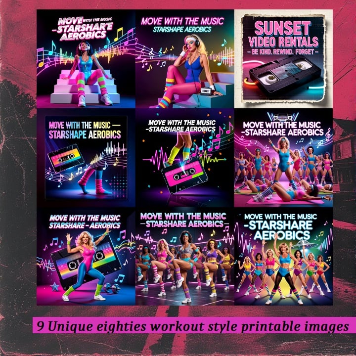 Step back into the vibrant, neon-lit world of 1980s aerobics with Neon Pulse — a stunning collection of nine unique AI-generated fitness images that capture the glamour, energy, and iconic style of the decade’s workout craze