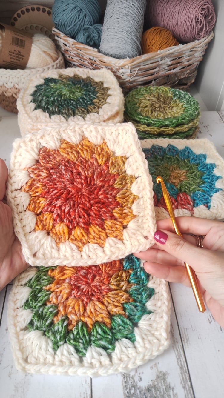 Modern granny square crochet shaping with defined corners and soft wool yarn