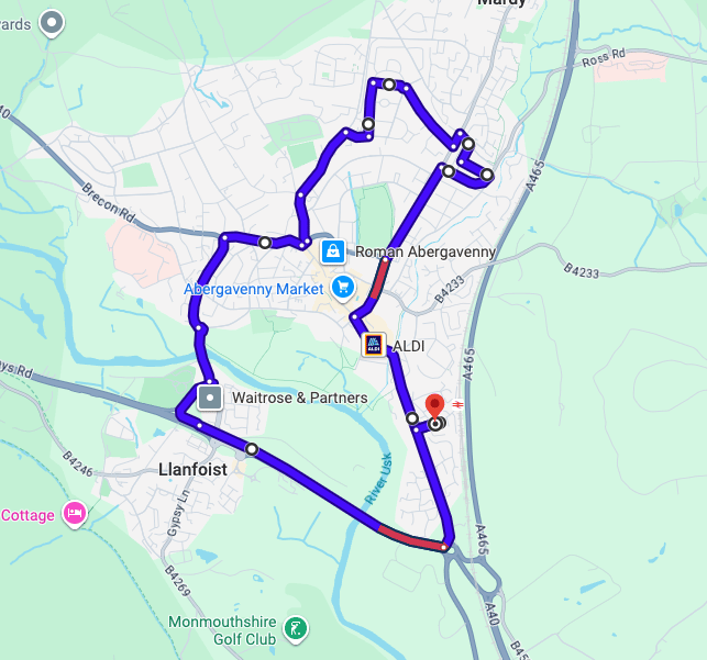 Abergavenny Driving Test Centre practice routes shown on Google Maps