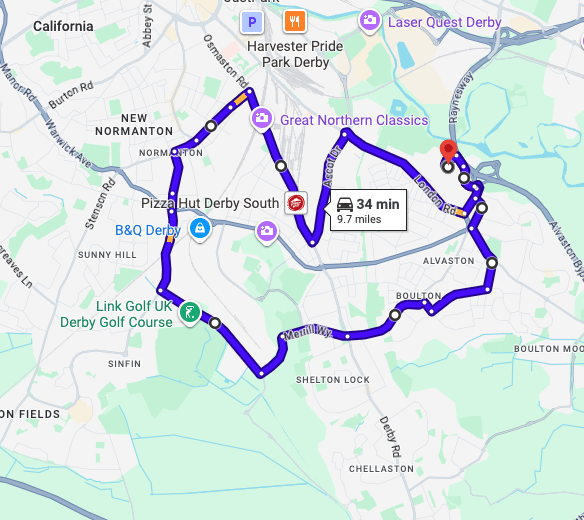Alvaston Derby Driving Test Centre practice routes shown on Google Maps