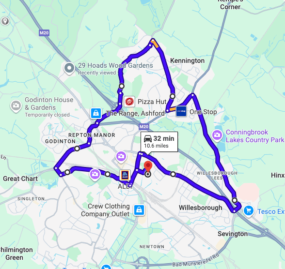 Ashford (Kent) Driving Test Centre practice routes shown on Google Maps