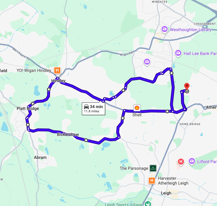 Atherton Driving Test Centre practice routes shown on Google Maps