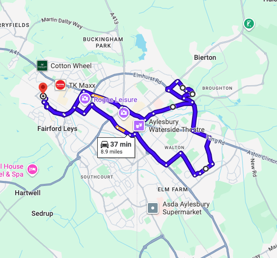 AylesburyDriving Test Centre practice routes shown on Google Maps