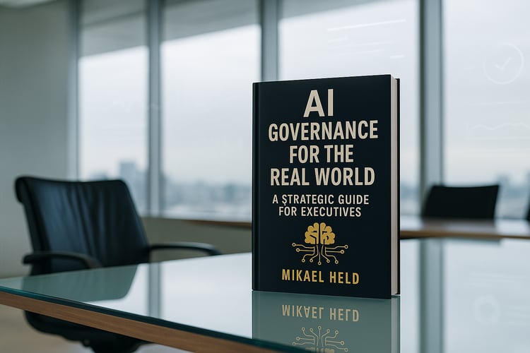 ook cover of “AI Governance for the Real World” by Mikael Held, displayed on a conference table in a modern office setting.