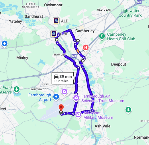 Farnborough Driving Test Centre practice routes shown on Google Maps