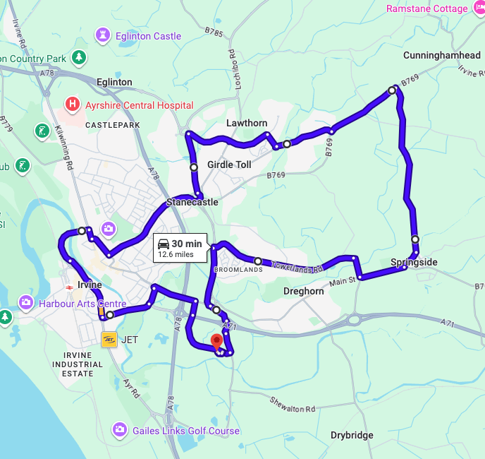 Irvine Driving Test Centre practice routes shown on Google Maps