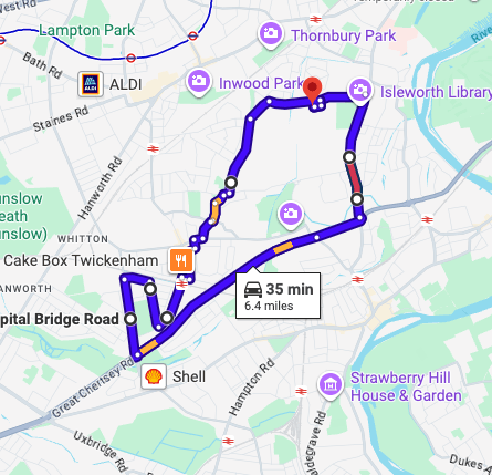 Isleworth Driving Test Centre practice routes shown on Google Maps