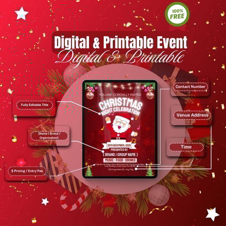 Free 2025 Christmas Party Template. Fully editable, printable, and digital invite. Features Santa, festive ornaments, and customizable text fields for time, venue, and contact.