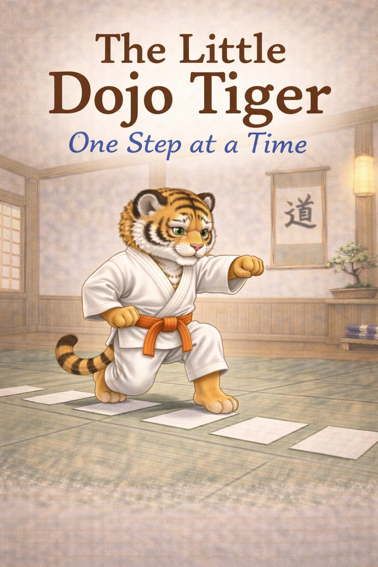Children’s book cover showing a tiger training in a dojo learning discipline
