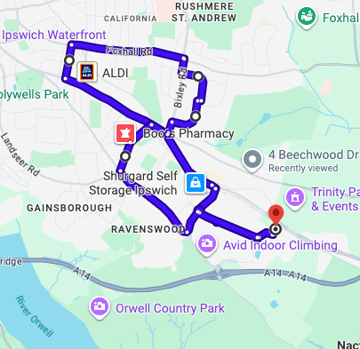 Ipswich Driving Test Centre practice routes shown on Google Maps