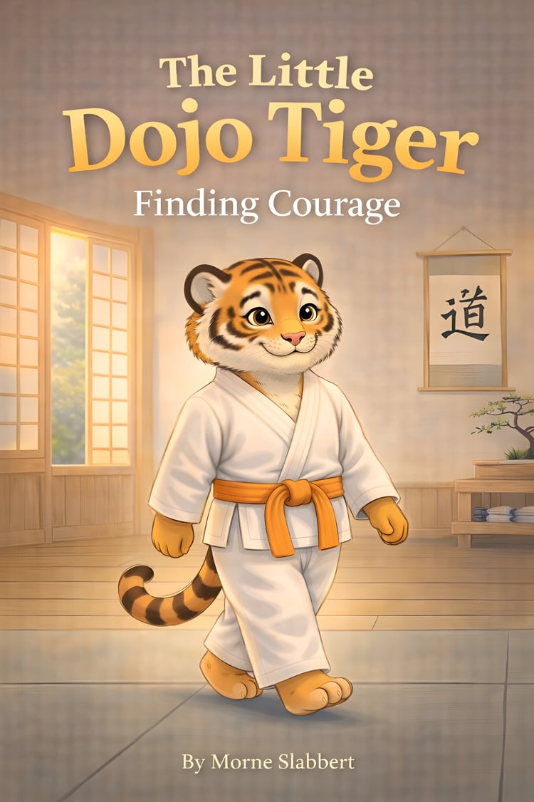 Cover of The Little Dojo Tiger: Finding Illustration of Taro the tiger practising balance during martial arts training in a calm dojoCourage showing a young tiger in a martial arts uniform standing confidently inside a dojo