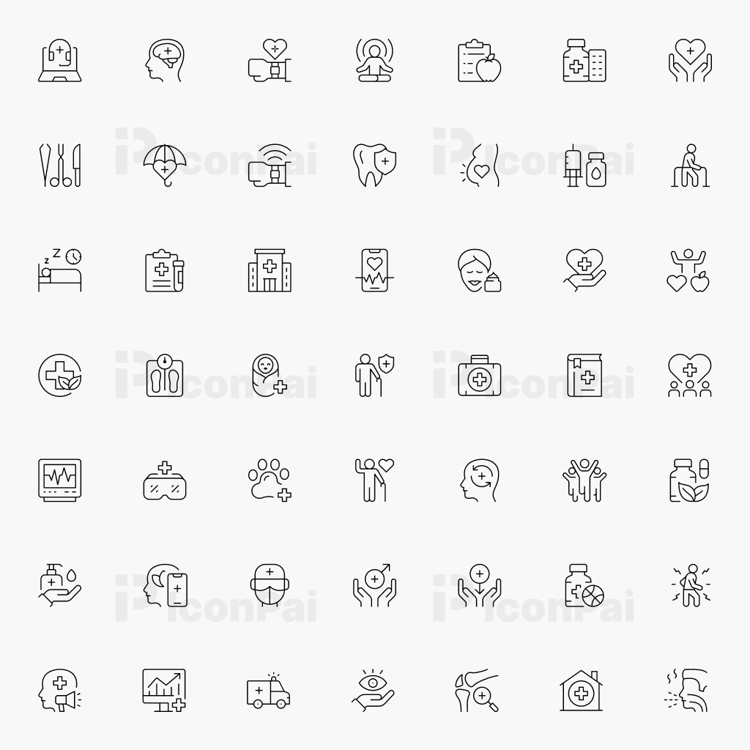 Healthcare icons in thin line style for medical apps and health websites.