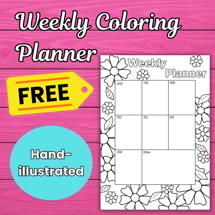 Free printable Weekly Coloring Planner featuring a floral border with various-sized flowers and uniform leaves, hand-illustrated A4 PDF.