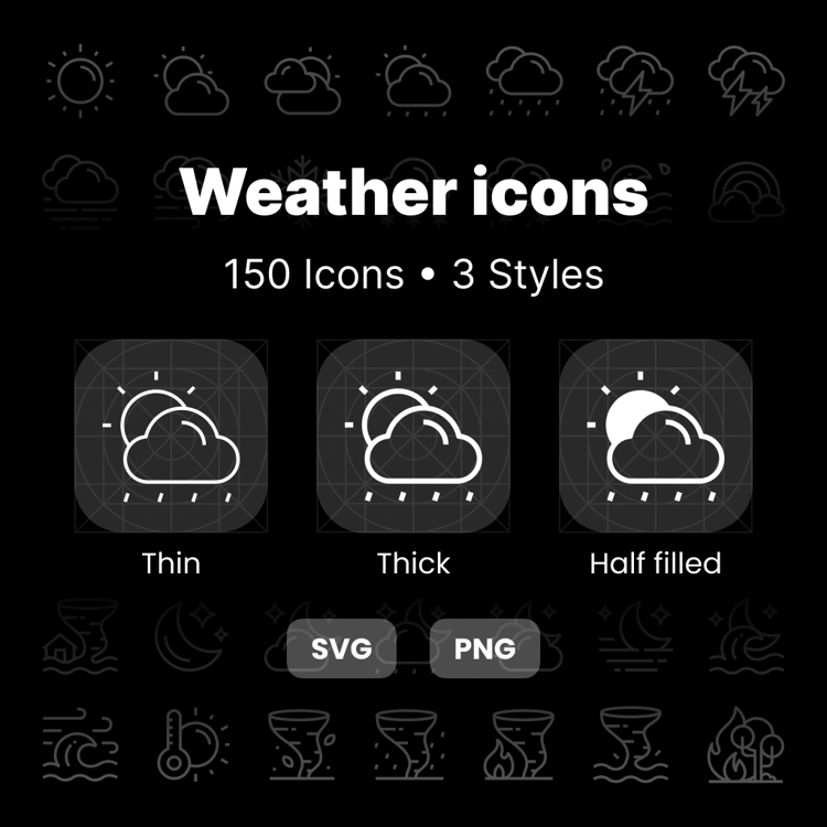 Weather icons pack showing 50 weather symbols in thin, thick, and half-filled styles.