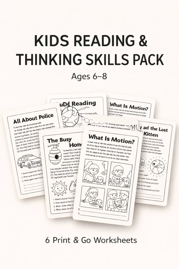Reading Comprehension Made Easy (Ages 6–8) 6 Print & Go Worksheets for Confident Readers