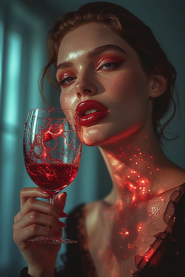 cinematic portrait, glowing drink, luxury cocktail, neon lighting, hyperrealistic woman, freckles close up, sparkling wine glass, red aesthetic, moody portrait, nightlife branding, premium visual, luxury advertising image, sensual lighting, teal and red c