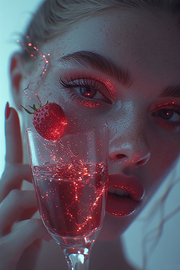 cinematic portrait, glowing drink, luxury cocktail, neon lighting, hyperrealistic woman, freckles close up, sparkling wine glass, red aesthetic, moody portrait, nightlife branding, premium visual, luxury advertising image, sensual lighting, teal and red c