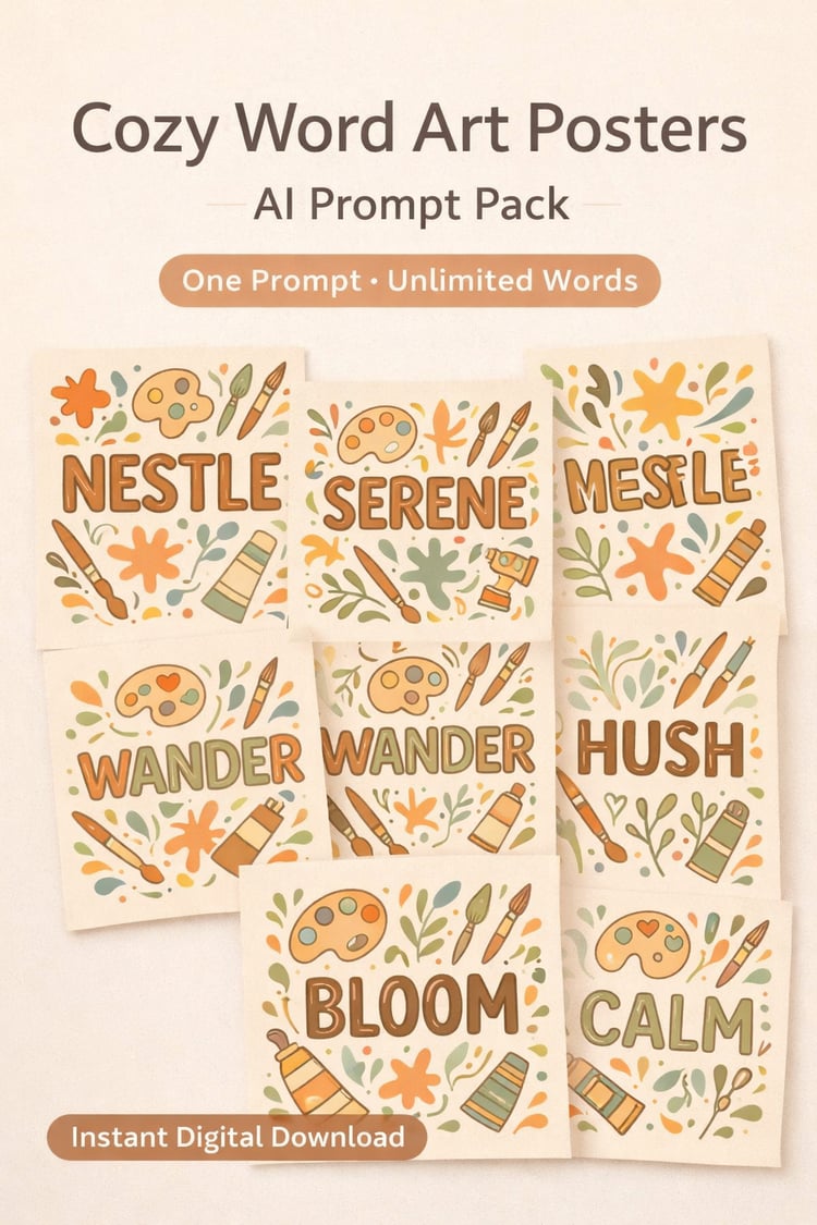 Cozy Word Art Posters – AI Prompt Pack for Printable & Wall Decor