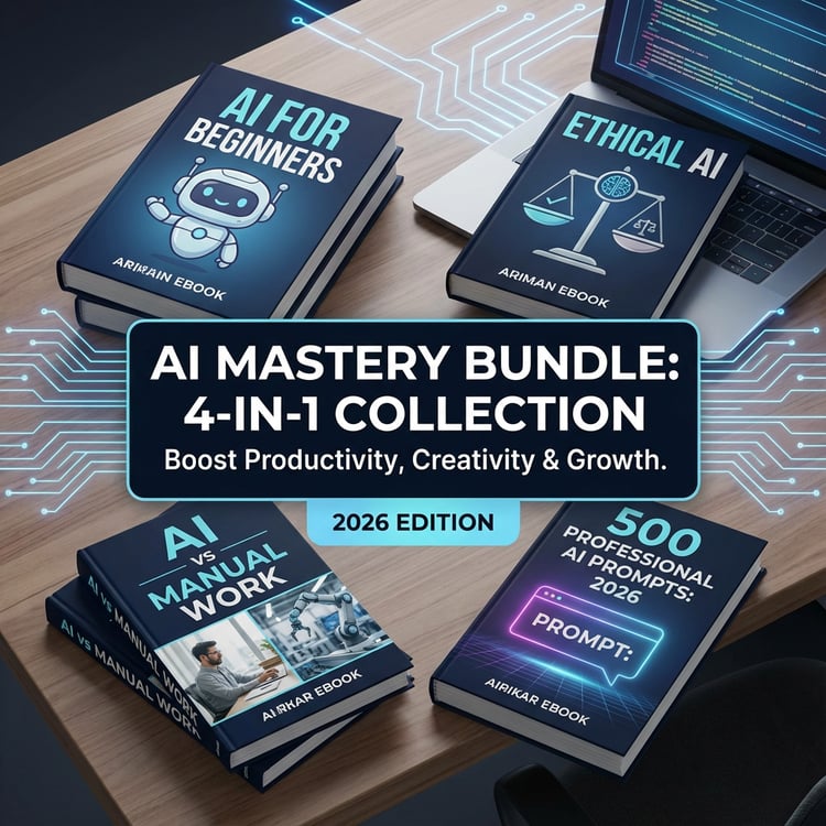 Complete AI Mastery Bundle thumbnail featuring four colorful ebook covers on AI for beginners, ethical use, AI vs manual work, and 500 professional prompts, arranged in a modern digital product showcase with glowing effects and '2026 Edition' badge.