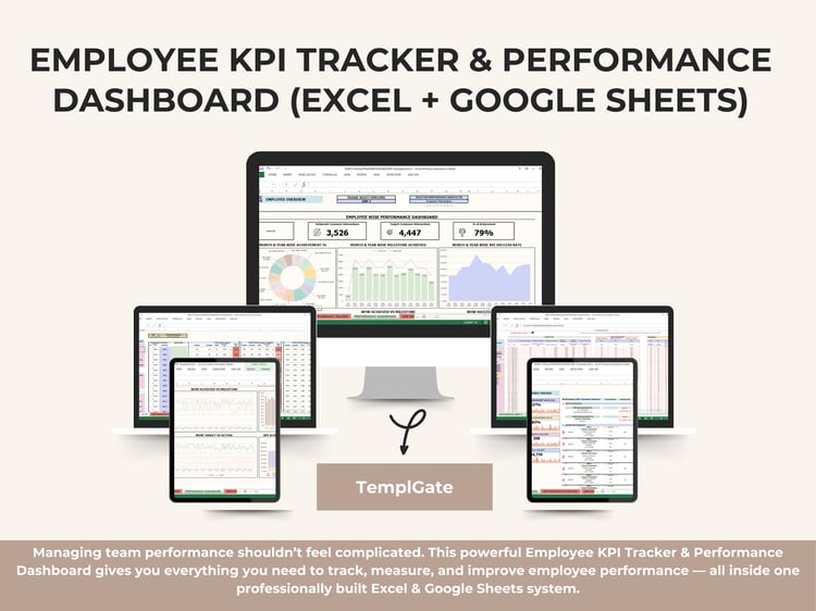 Managing team performance shouldn’t feel complicated. This powerful Employee KPI Tracker & Performance Dashboard gives you everything you need to track, measure, and improve employee performance — all inside one professionally built Excel & Google Sheets