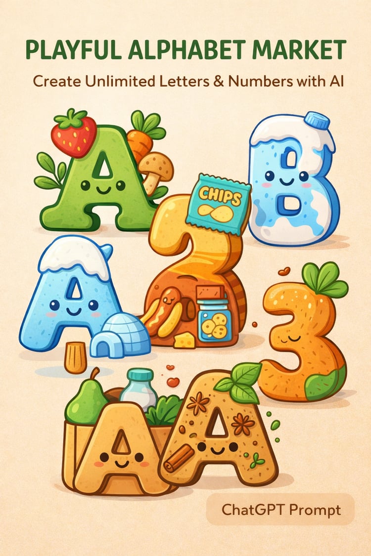 Playful Alphabet Market Create Cute Alphabet & Number Art with AI – ChatGPT Prompt