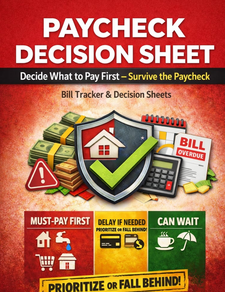 Editable Paycheck Decision Sheet PDF to prioritize bills and manage your finances easily.