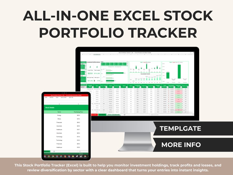 Stock portfolio tracker Excel dashboard showing total invested, current value, profit/loss, monthly performance, accumulated growth, and sector diversification
