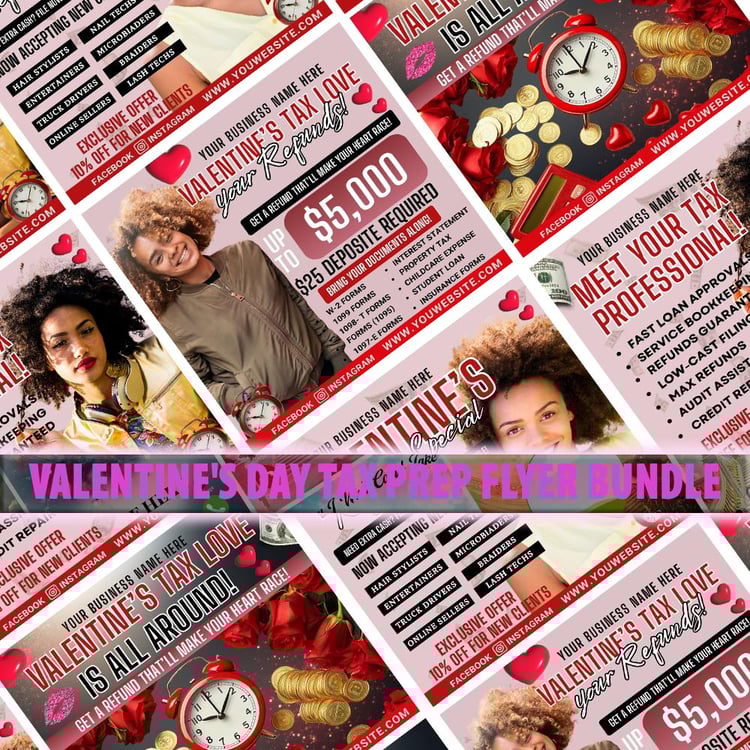 valentine tax flyer, tax prep flyer canva, editable tax flyer, tax season marketing, canva tax template, tax business flyer, holiday tax flyer, tax preparation advertising, small business flyer