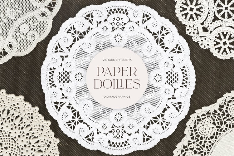 Vintage paper lace doily graphics on a white background with the words Paper Doilies