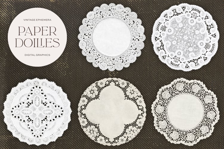 Vintage paper lace doily graphics on a white background with the words Paper Doilies