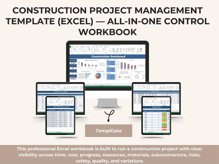 Cover image of an Excel construction project management template showing the dashboard and core sheets: schedule, WBS, budget and cost, BOQ, resources, materials, subcontractors, and risk register.