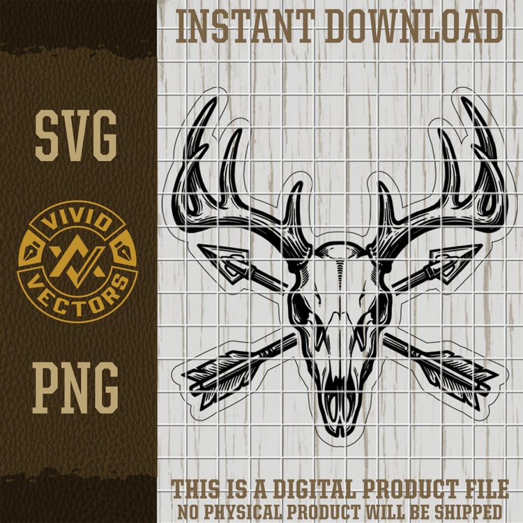 bow hunter deer skull crossed arrows hunting archery whitetail laser engraving leather hat patch vector svg png design