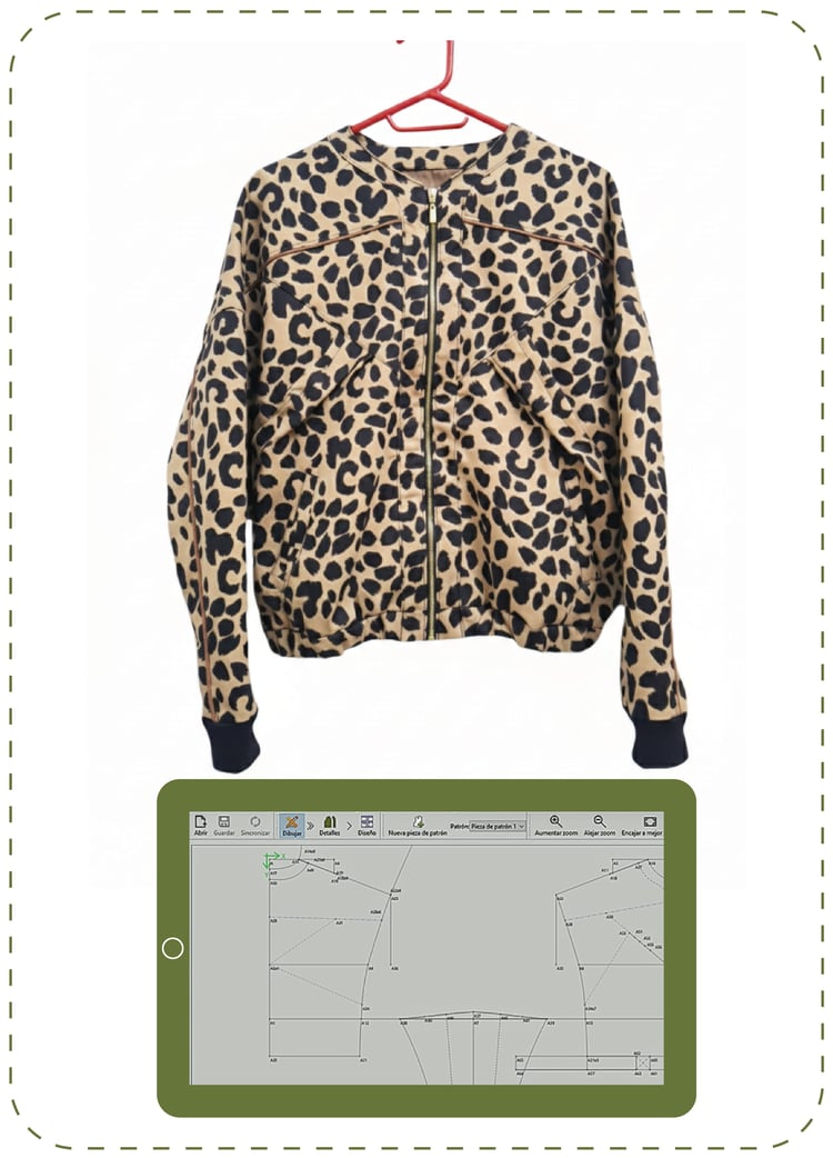 chaqueta, manga, larga, estampado, leopardo, gancho, rojo, patrón, costura, digital