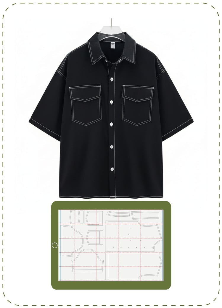 camisa, negra, manga, corta, estudiante, patrón, digital, costura