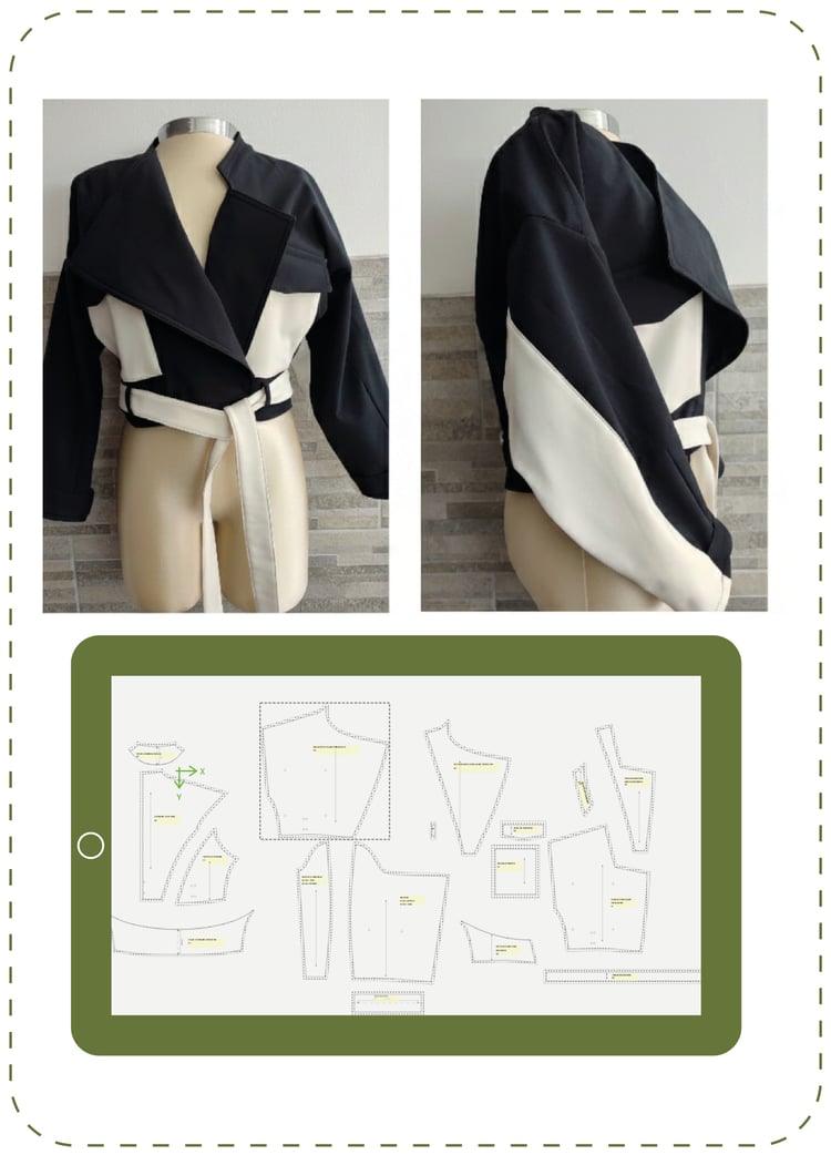 corte, amplio, chaqueta, asimétrica, patrón, digital, estudiante, valentina, negro, blanco