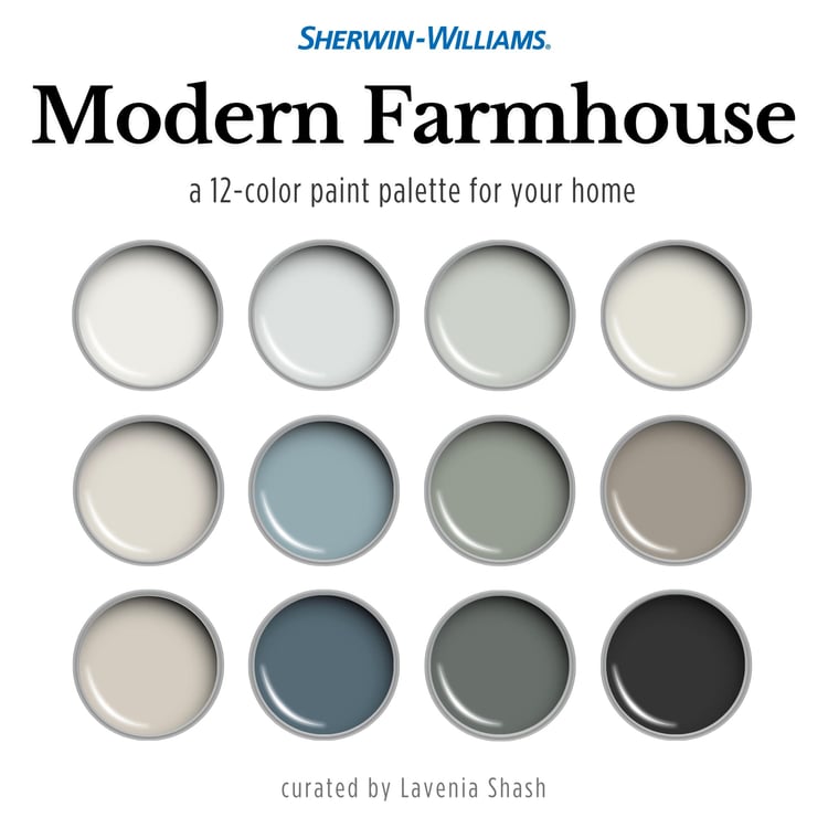 Modern Farmhouse paint color palette. Nordic, Cottage, Country, and Farmhouse-inspired interiors. Curated by Lavenia Shash.