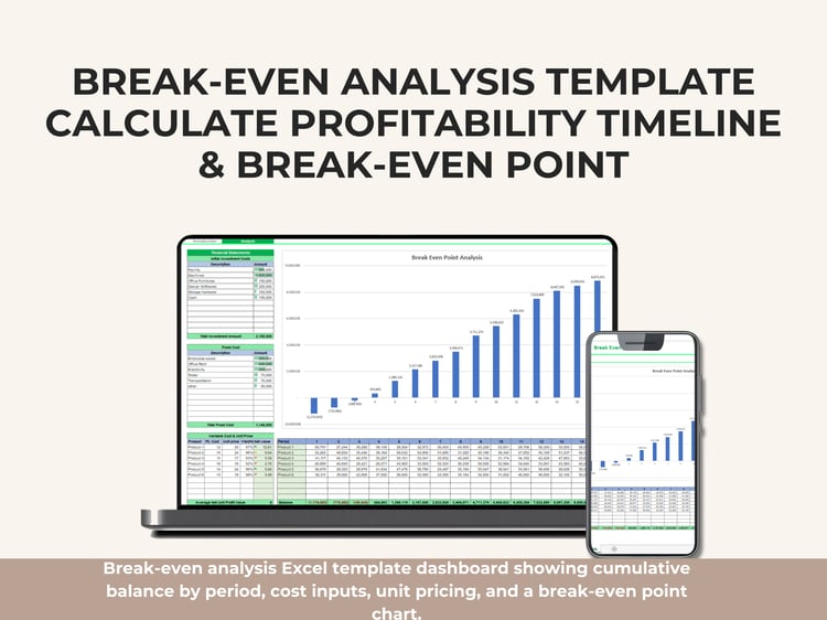 Break-even analysis Excel template dashboard showing cumulative balance by period, cost inputs, unit pricing, and a break-even point chart.