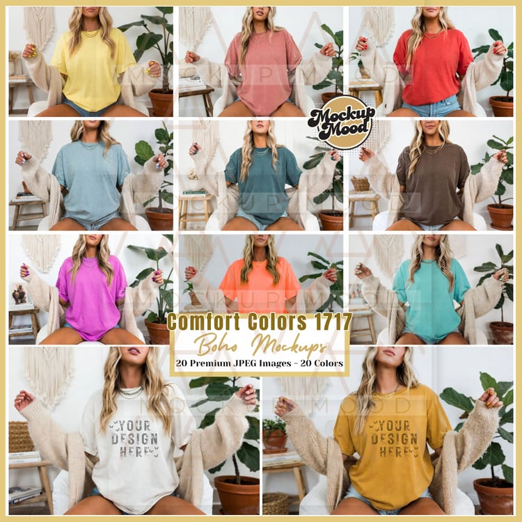 Premium Boho T-Shirt Mockups for Comfort Colors 1717 – 20 High-Resolution JPEG | Lifestyle POD Apparel Mockup Bundle