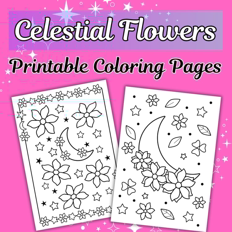 Celestial Flowers free coloring pages: Two printable sheets with moon, stars, and floral elements combined, A4 PDF download.