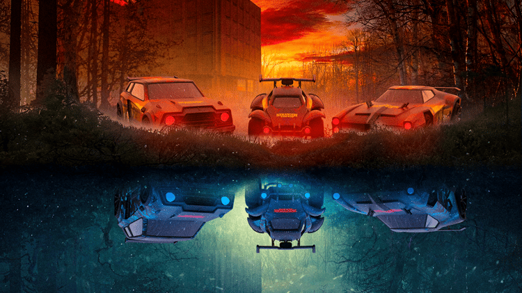 Bundle Rocket League comprenant décal voiture, ballon et bannière de joueur, style inspiré de Stranger Things