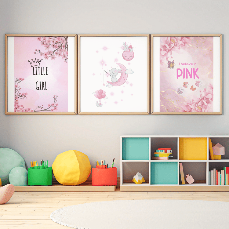 Little Girl Nursery Wall Art Set of 3, Pink Bunny Moon Prints, Baby Girl Room Decor