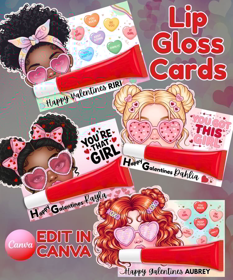 girl empowering gift lip gloss card template galentines day gift valentines gift for girls editable canva template lip gloss holder card affirmation gift for girls that girl aesthetic self love gift idea galentine favors classroom valentines for girls sma