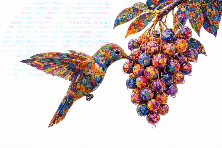 Chromatic Nectar is a high-impact abstract illustration featuring a hummingbird mid-flight, feeding from jewel-like berries bursting with color. Every feather and fruit is rendered in intricate mosaic textures, blending botanical elegance with modern digi