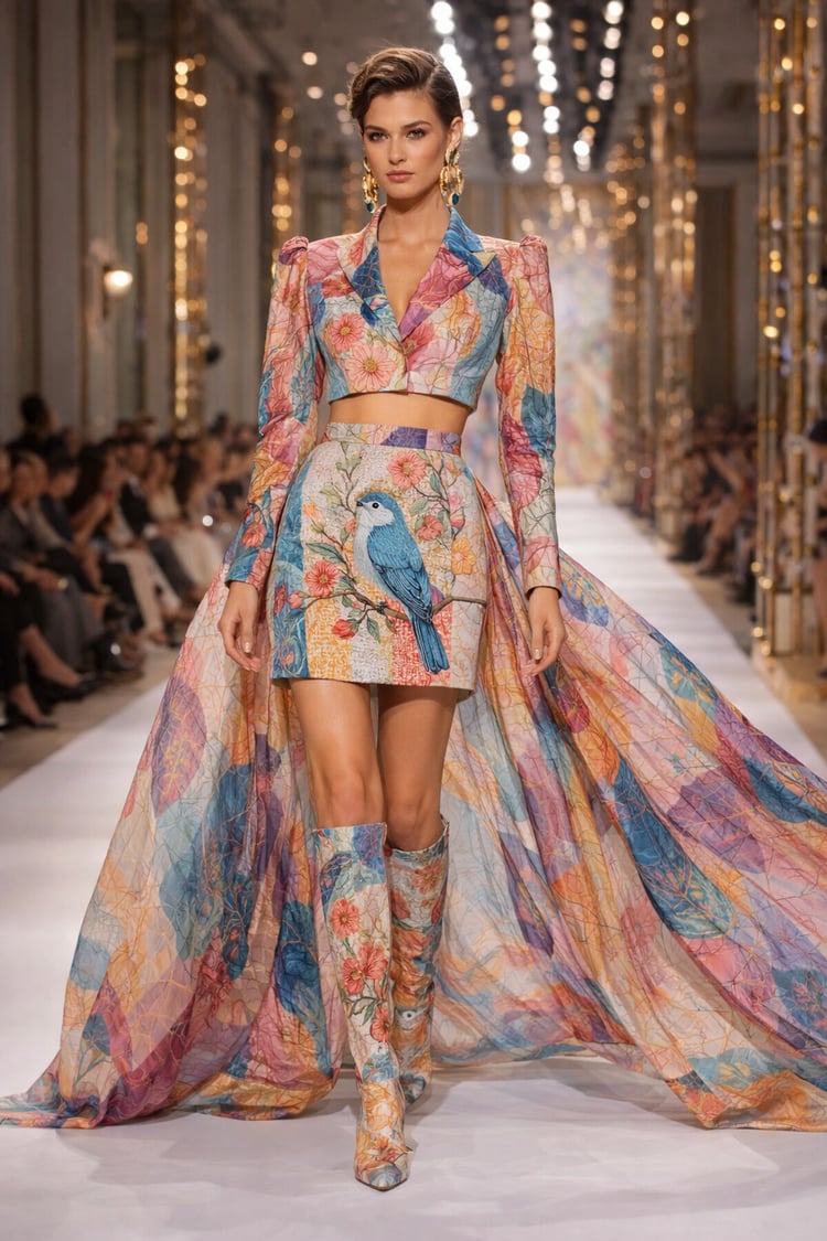 floral couture, runway fashion, pastel fashion editorial, bird print dress, luxury fashion photography, haute couture outfit, magazine cover image, designer fashion lookfashion mockup editorial mockup magazine cover mockup luxury fashion display runway ph